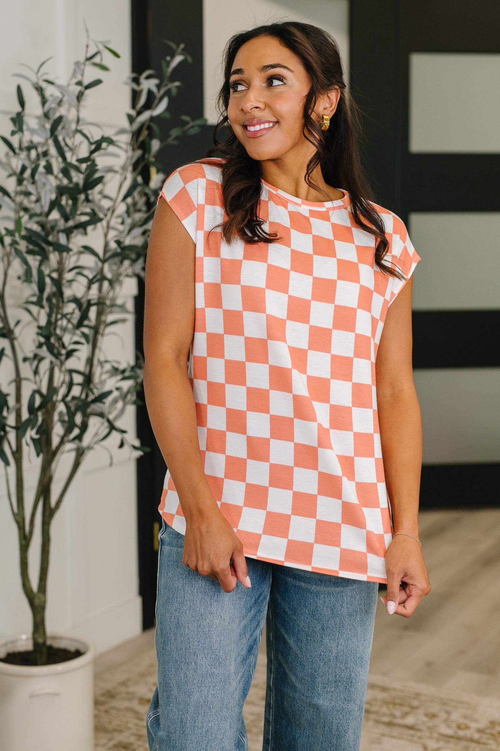 Check Hers Round Neck Top in Orange (SM-XL)
