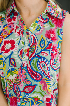 Coral Sands Collared Tank Dress in Light Floral Paisley (SM-3X) - STB Boutique