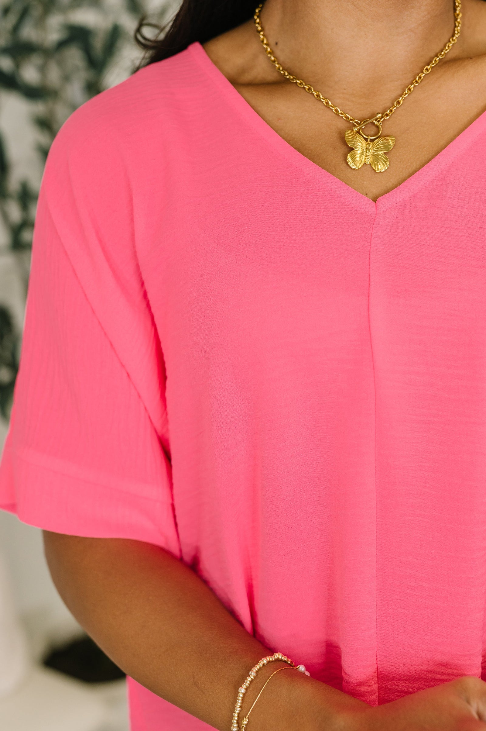 Counter Part Crinkle Woven V-Neck Top in Neon Fuchsia (SM-3X) - STB Boutique