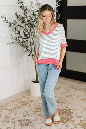 Dressed to Chill V-Neck Top in Heather/Grey/Ivory/Pink (SM-3X) - STB Boutique