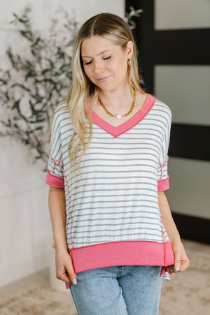 Dressed to Chill V-Neck Top in Heather/Grey/Ivory/Pink (SM-3X) - STB Boutique