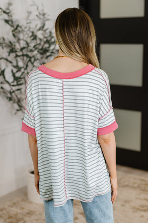 Dressed to Chill V-Neck Top in Heather/Grey/Ivory/Pink (SM-3X) - STB Boutique