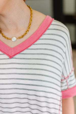 Dressed to Chill V-Neck Top in Heather/Grey/Ivory/Pink (SM-3X) - STB Boutique