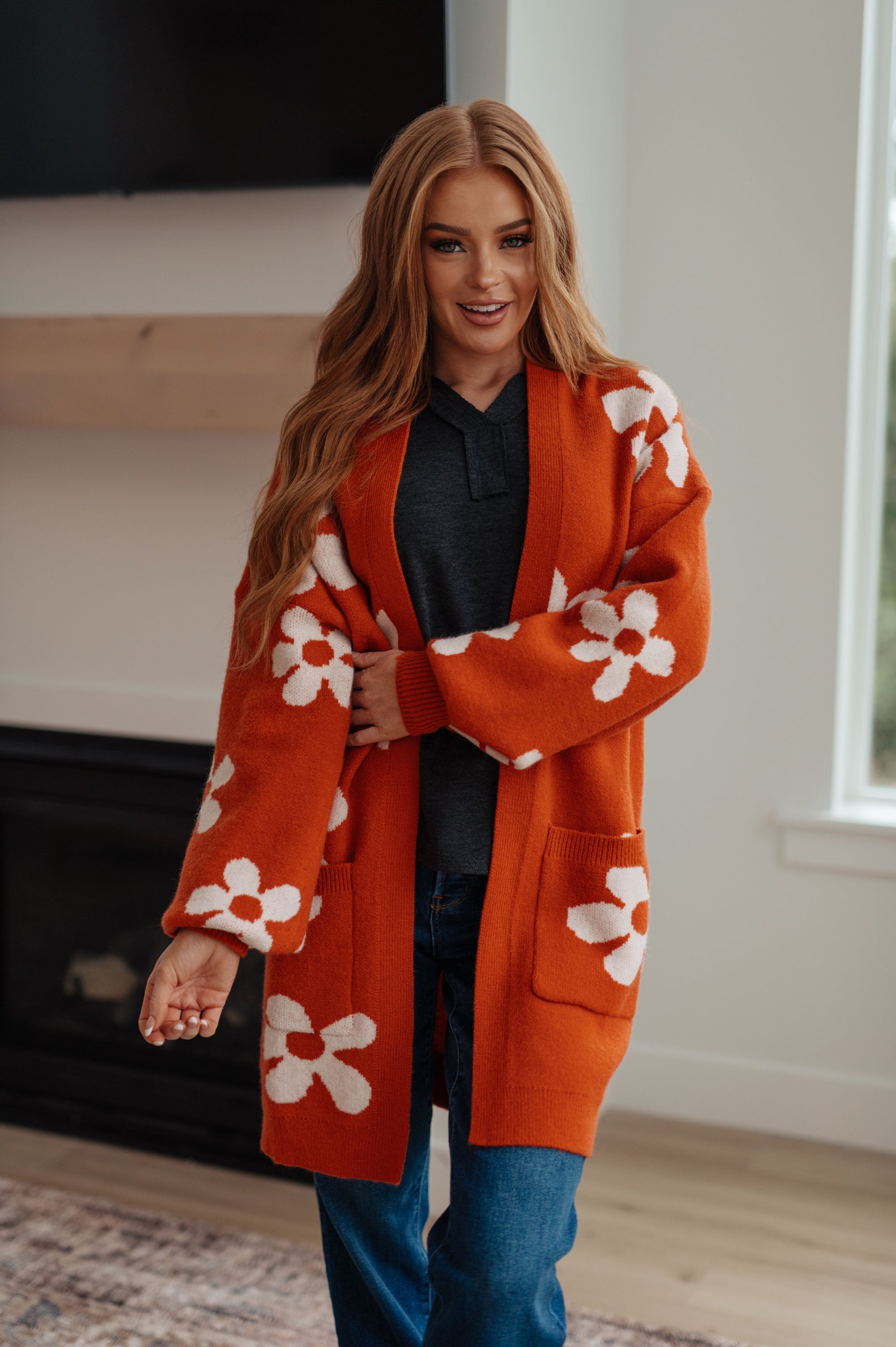 Enough Anyways Floral Cardigan in Burnt Orange (SM-2X)