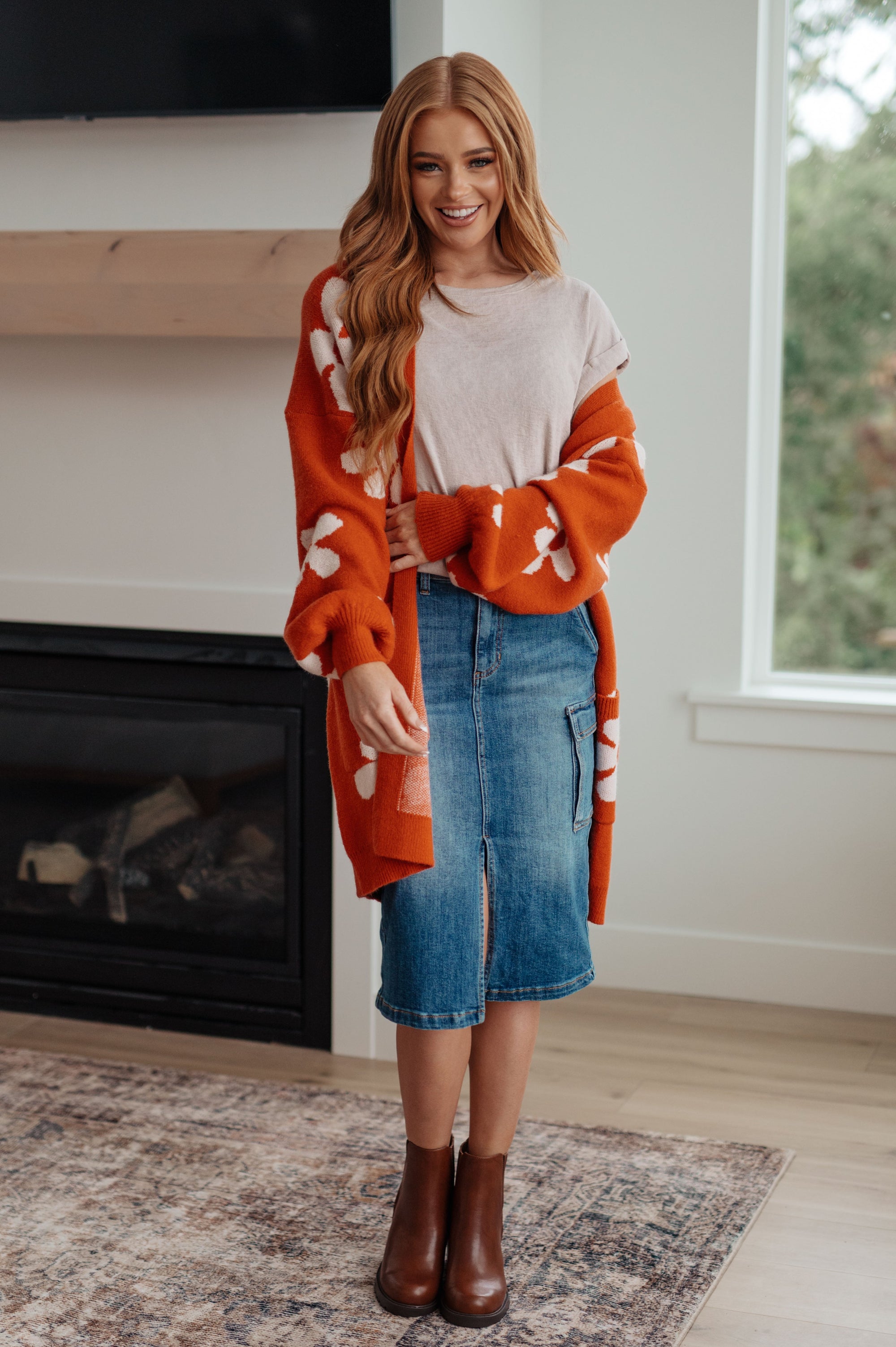 Enough Anyways Floral Cardigan in Burnt Orange (SM-2X)