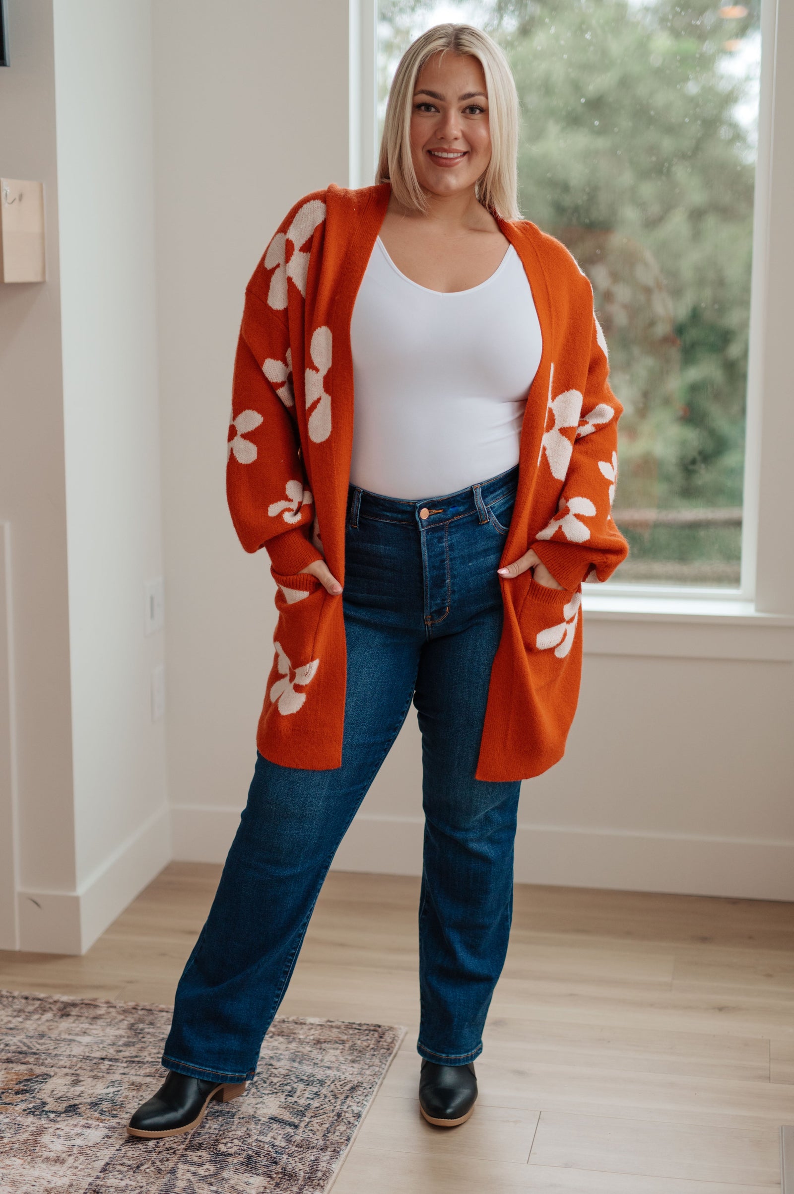 Enough Anyways Floral Cardigan in Burnt Orange (SM-2X)