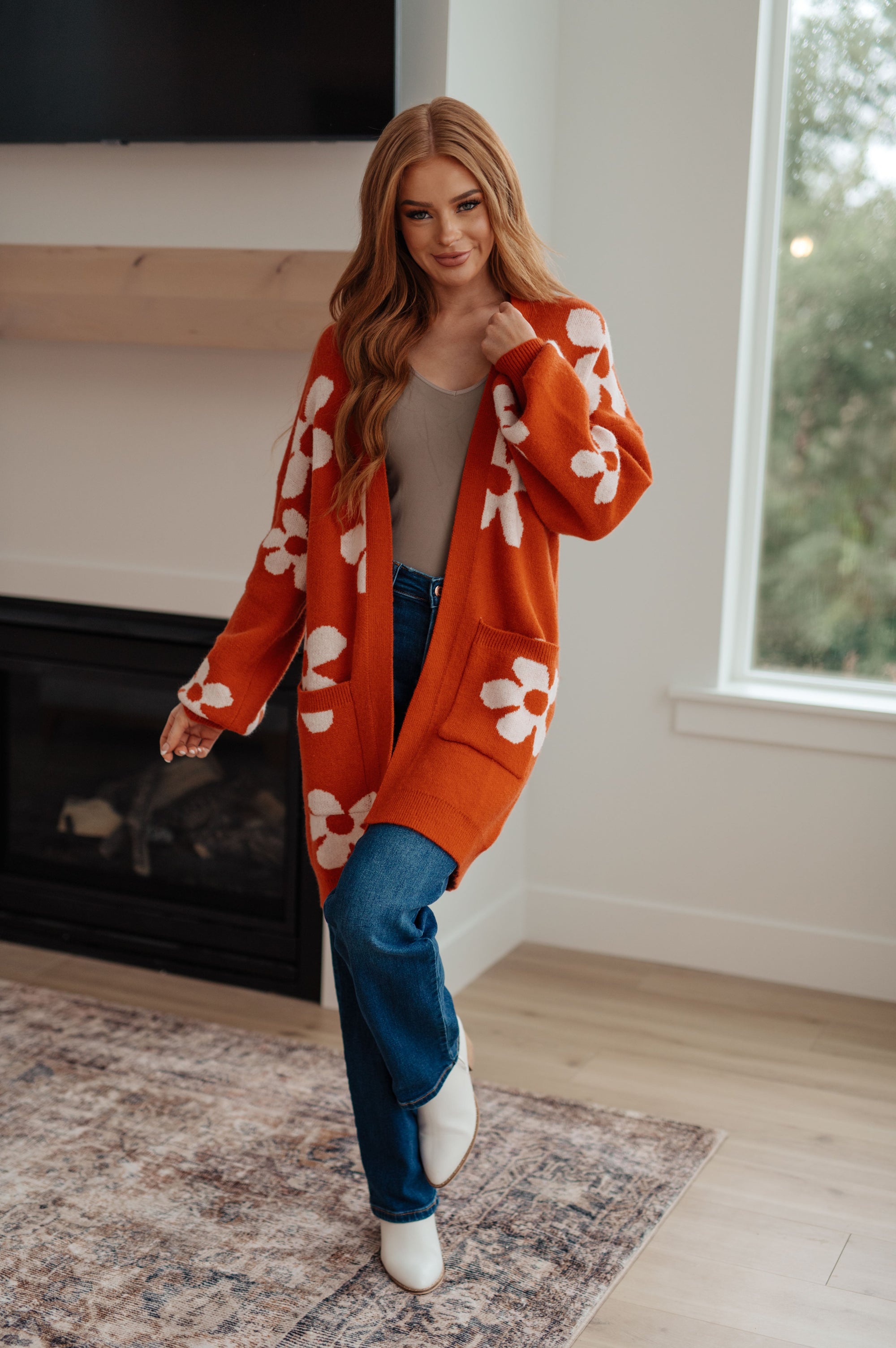 Enough Anyways Floral Cardigan in Burnt Orange (SM-2X)