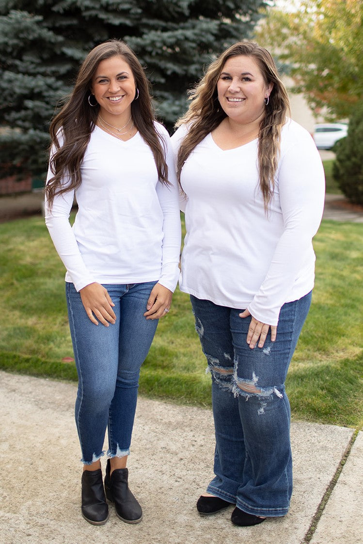White Basic Cotton Vneck Long Sleeve Tee (SM-3X) - STB Boutique