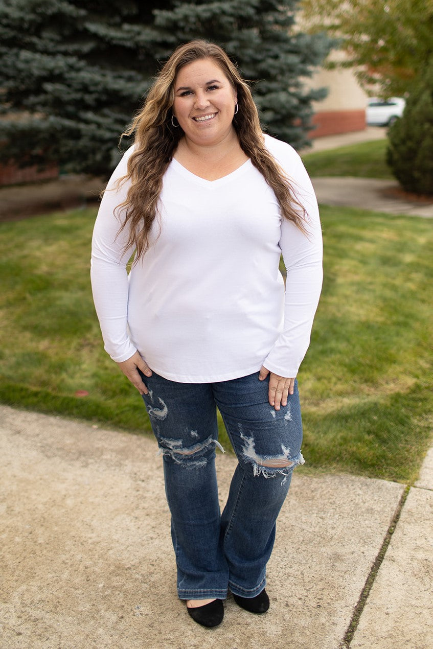 White Basic Cotton Vneck Long Sleeve Tee (SM-3X) - STB Boutique
