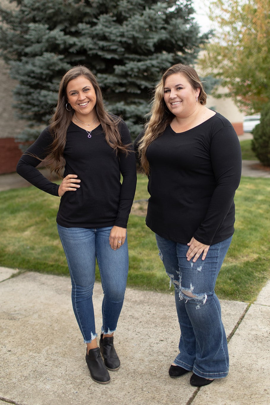 Black Basic Cotton Vneck Long Sleeve Tee (SM-3X) - STB Boutique