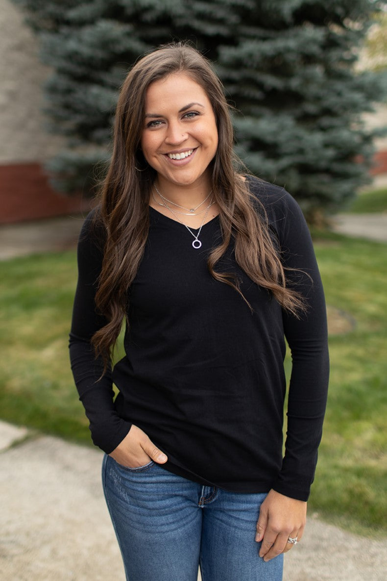 Black Basic Cotton Vneck Long Sleeve Tee (SM-3X) - STB Boutique