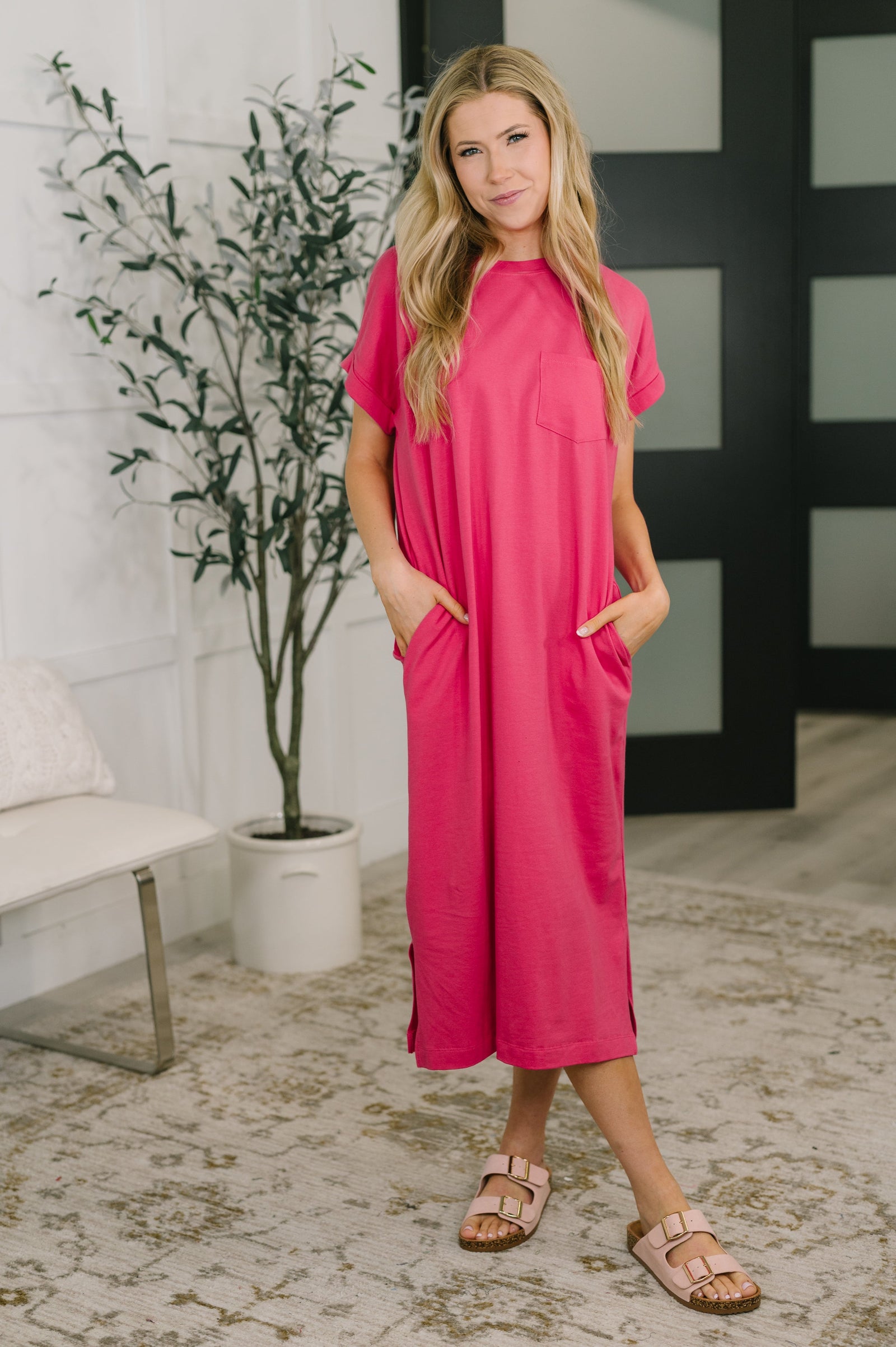 Fix You Right Up Short Sleeve Midi Dress in Hot Pink (SM-XL)