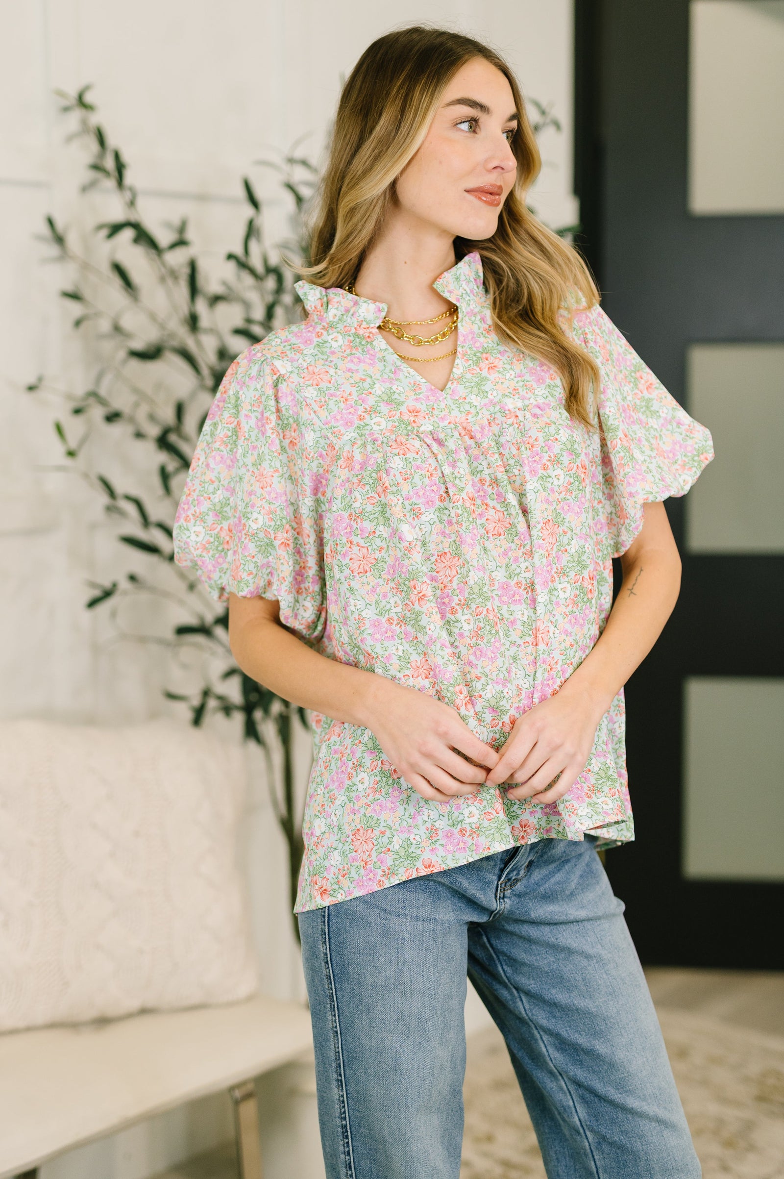 Flower Picking Notch Neck Blouse (SM-3X)