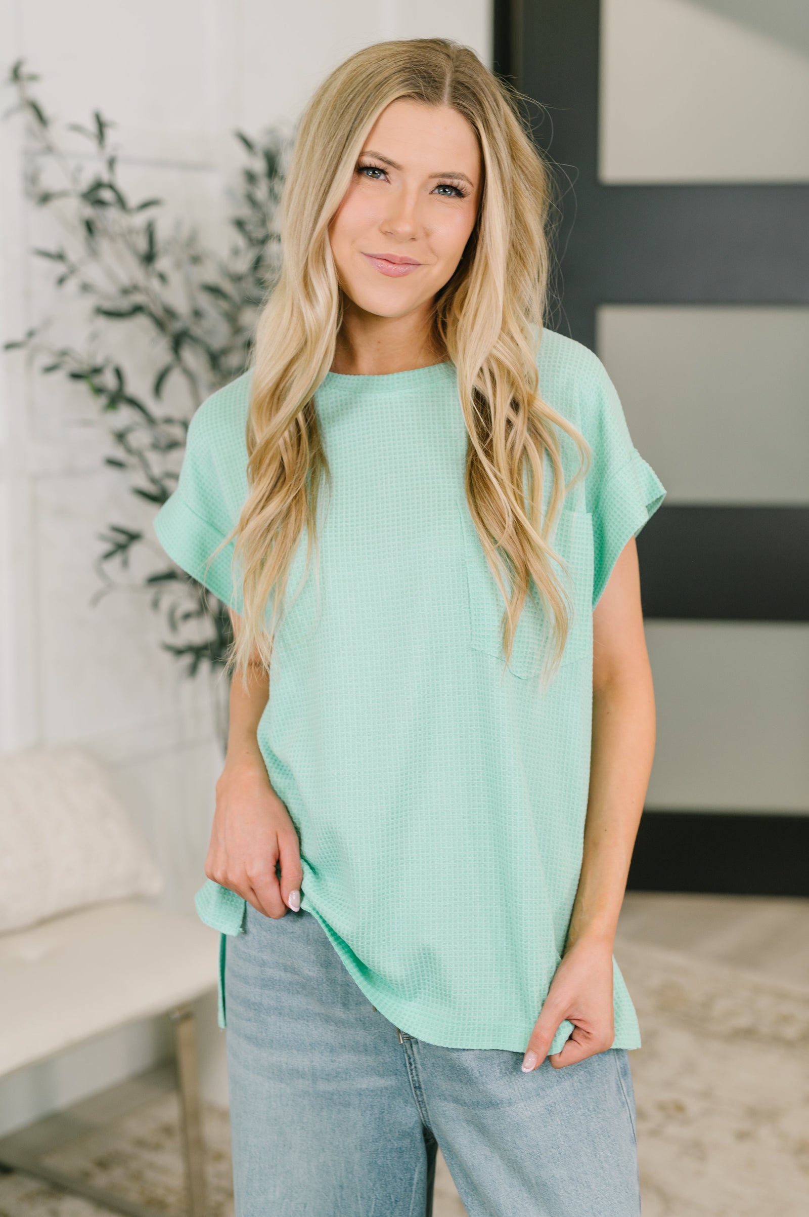 Foundation First Waffle Knit Relaxed Tee in Mint (SM-3X)