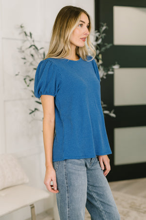 Grace & Virtue Balloon Sleeve Blouse in Ocean Blue - STB Boutique