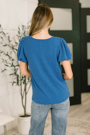 Grace & Virtue Balloon Sleeve Blouse in Ocean Blue - STB Boutique
