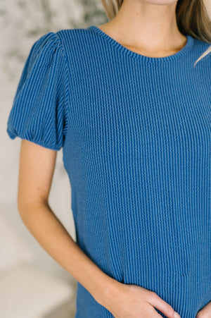 Grace & Virtue Balloon Sleeve Blouse in Ocean Blue - STB Boutique