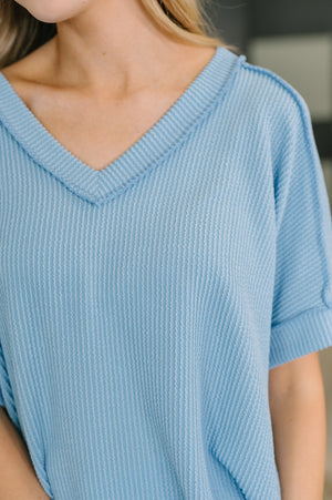 Growing Restless V-Neck Tee in Spring Blue (SM-3X) - STB Boutique