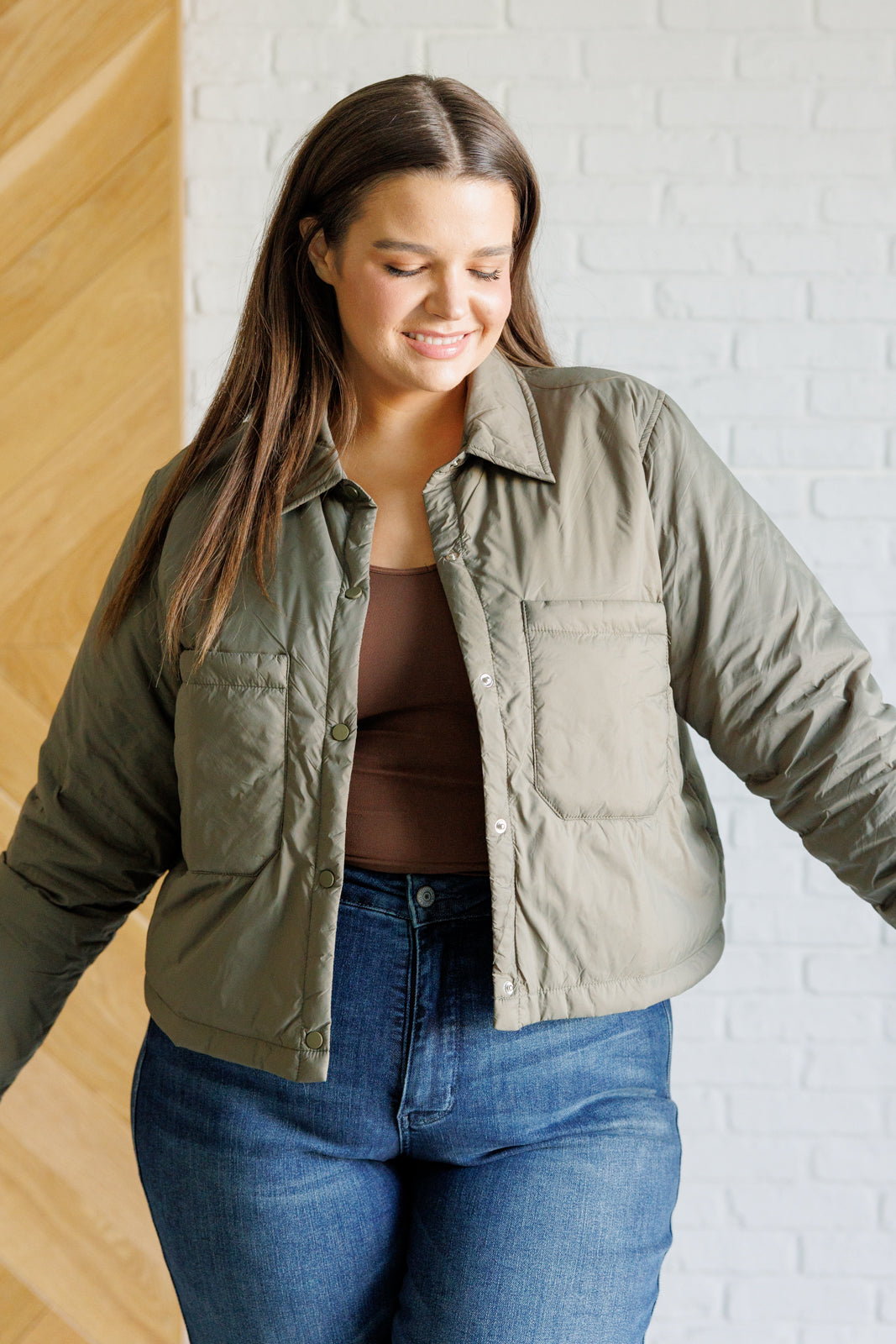 Hear Me Out Lightweight Puffer Jacket in Olive (SM-2X)