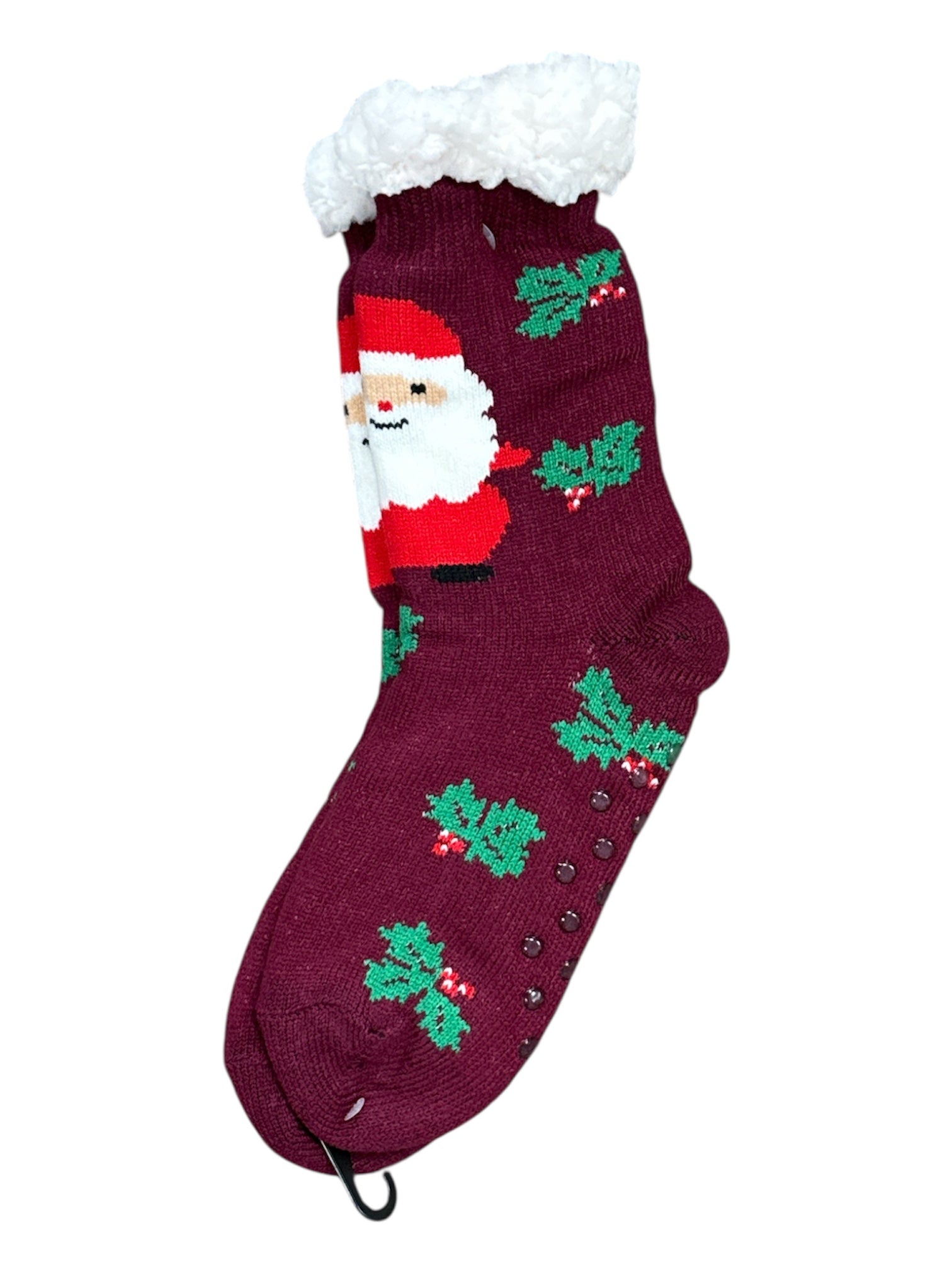 Burgundy Santa Holly Sherpa Slipper Socks-79