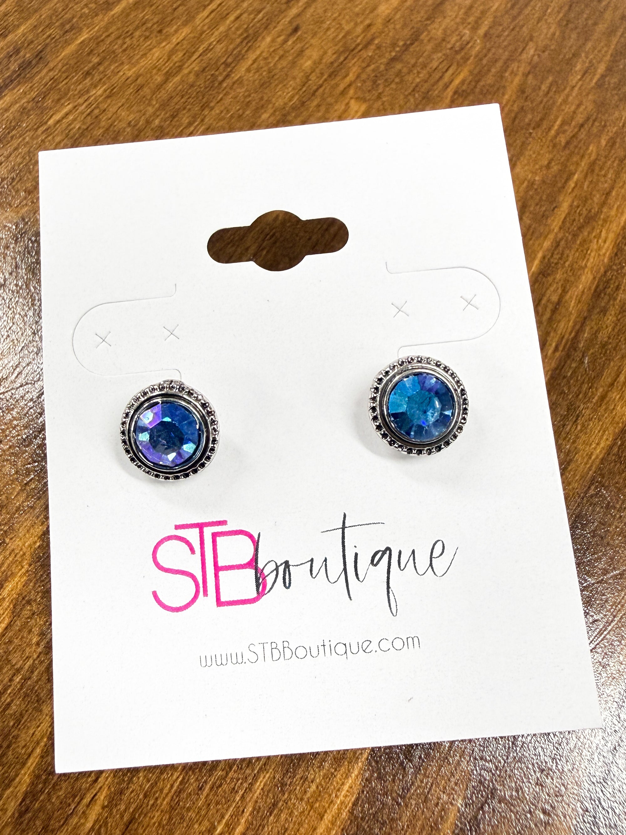 Silver Round Blue Gem Stud Earrings