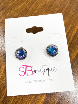 Silver Round Blue Gem Stud Earrings