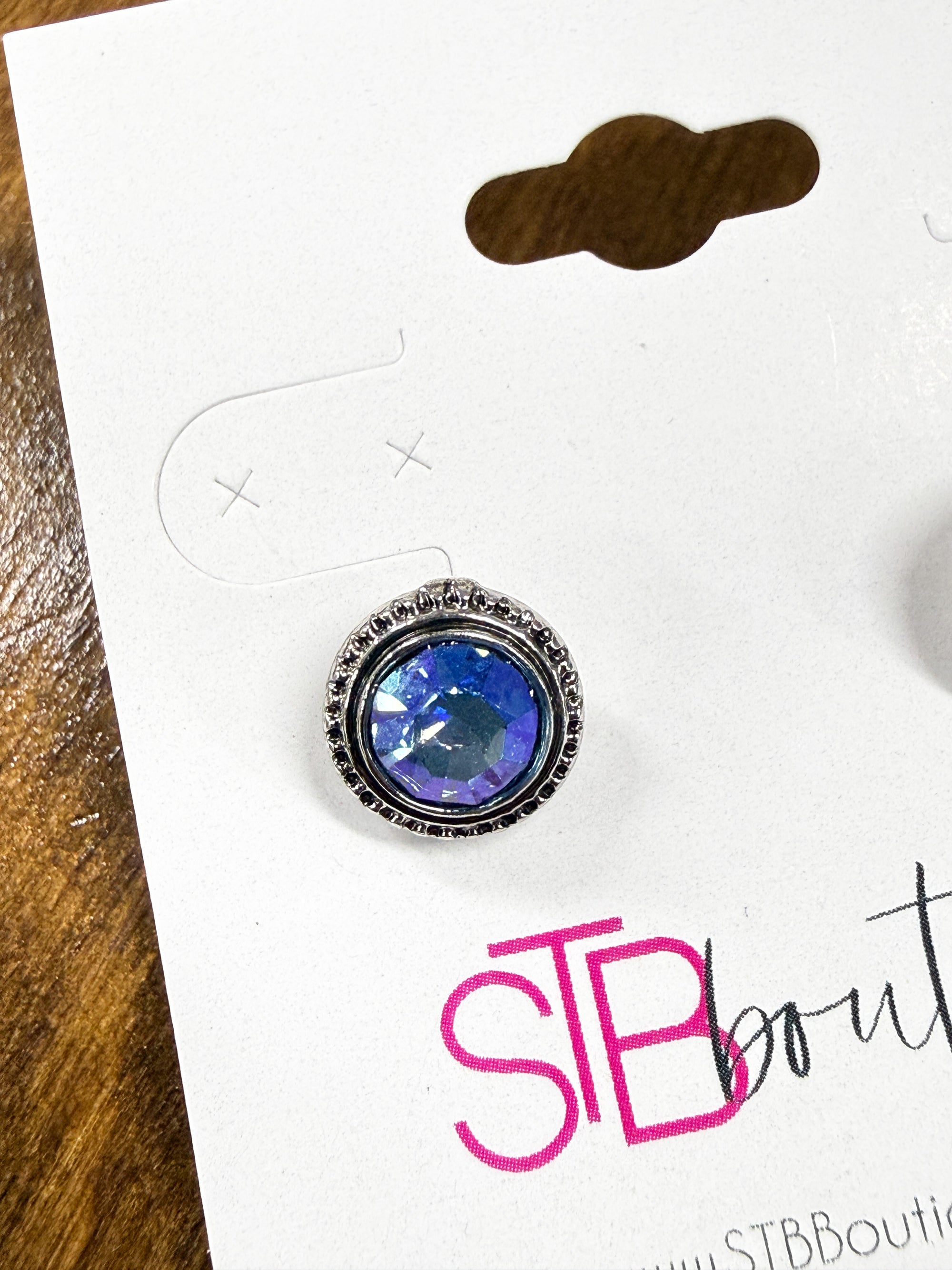 Silver Round Blue Gem Stud Earrings
