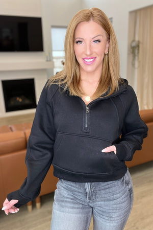 Half Zip Cropped Hoodie in Black - STB Boutique
