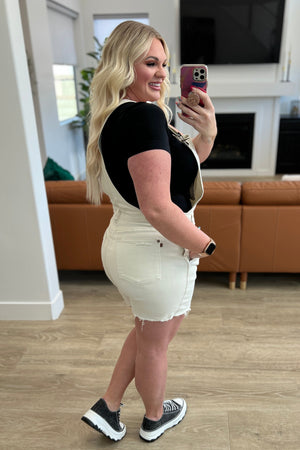 Anna High Rise Garment Dyed Cutoff Shortalls in Ecru - STB Boutique