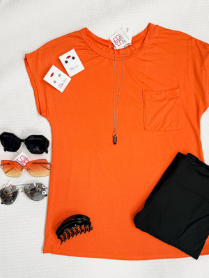 Orange Basic Pocket Cap Sleeve Tee