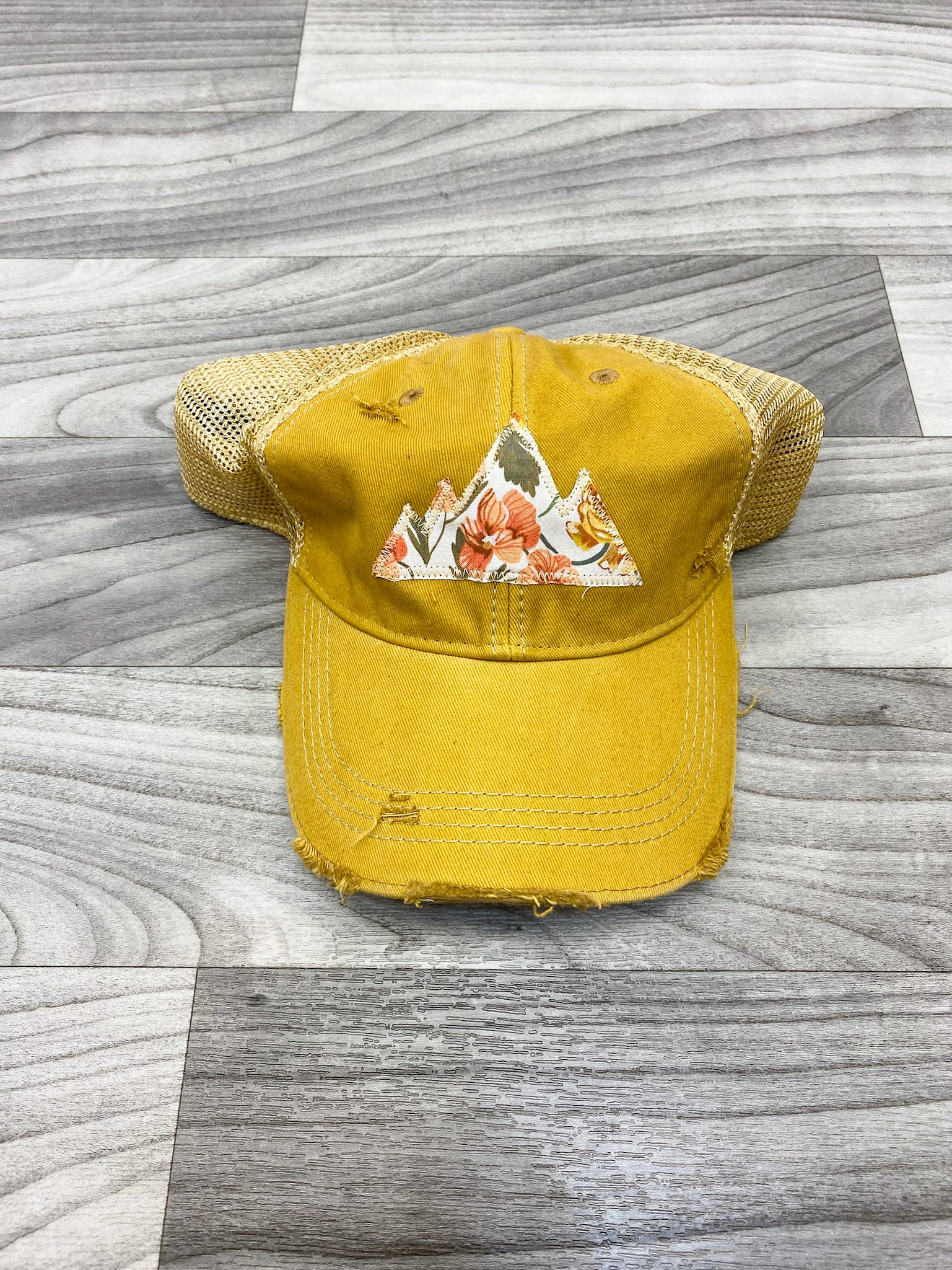 Mountain Floral Patch "Dirty Look" Trucker Hat-Mustard
