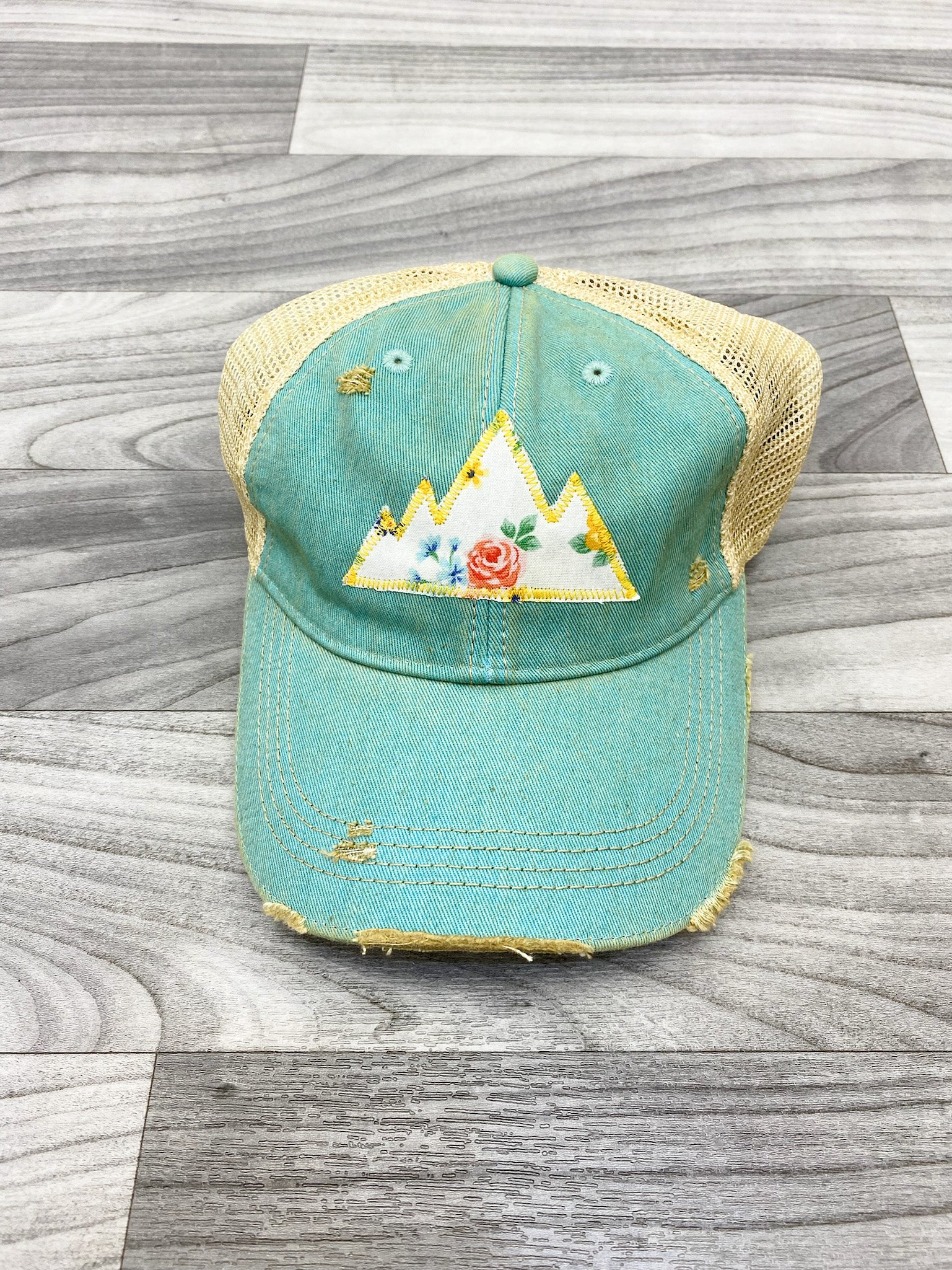 Mountain Floral Patch "Dirty Look" Trucker Hat-Aqua