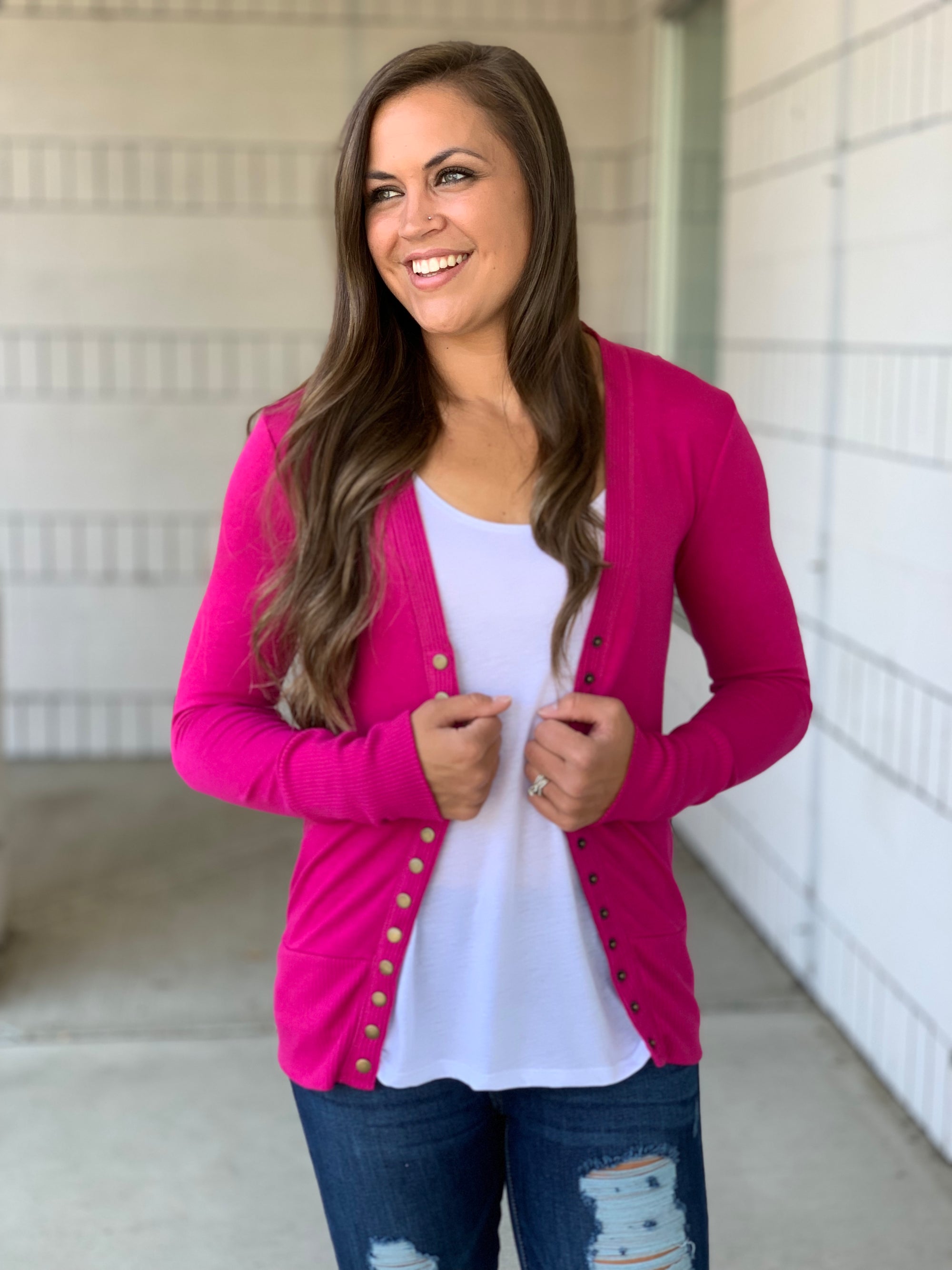 Magenta Pink Snap Front Cardigan (SM-3X)