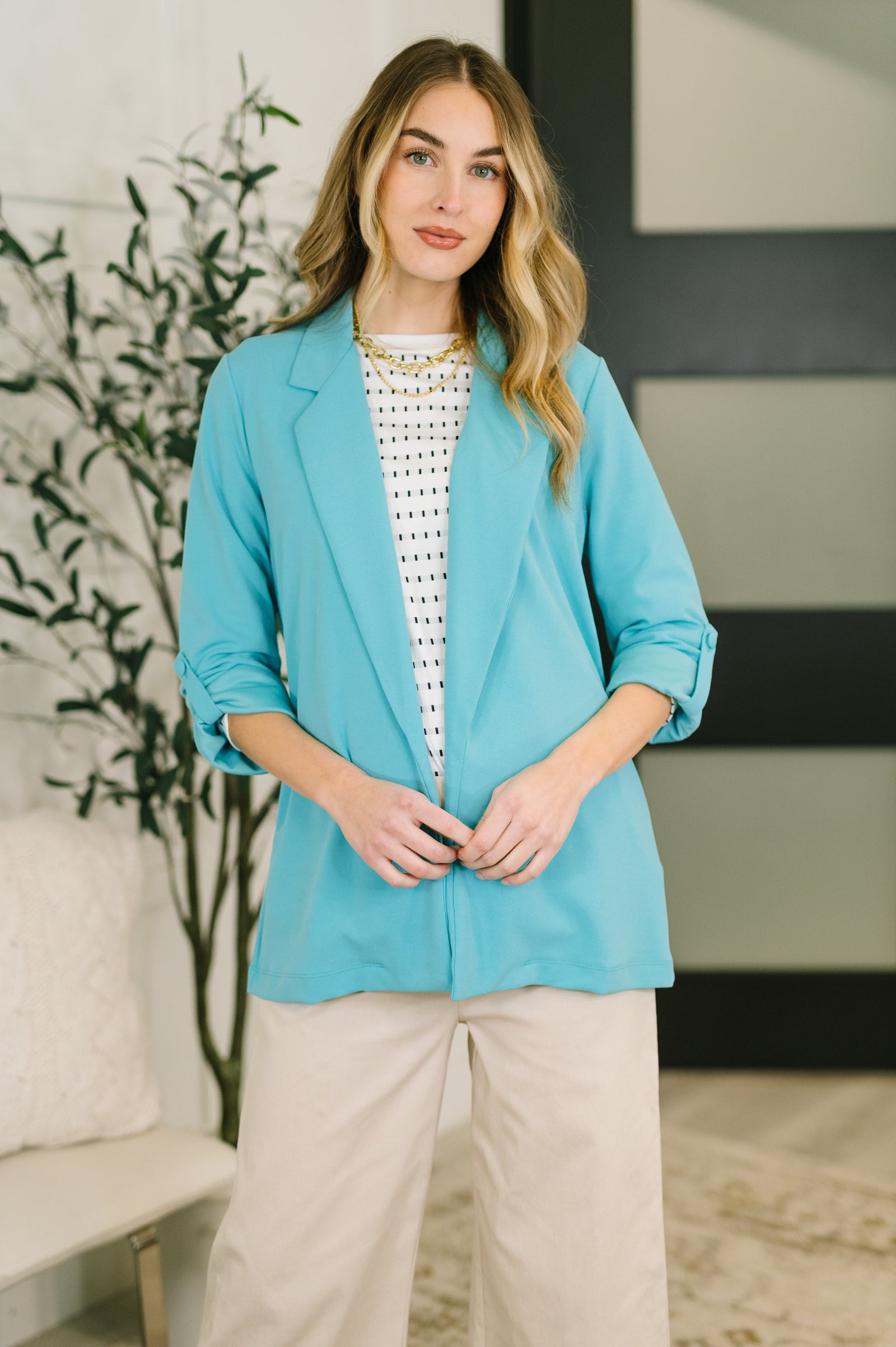 I'm Really That Gal Open Front Blazer in Aqua (SM-3X) - STB Boutique