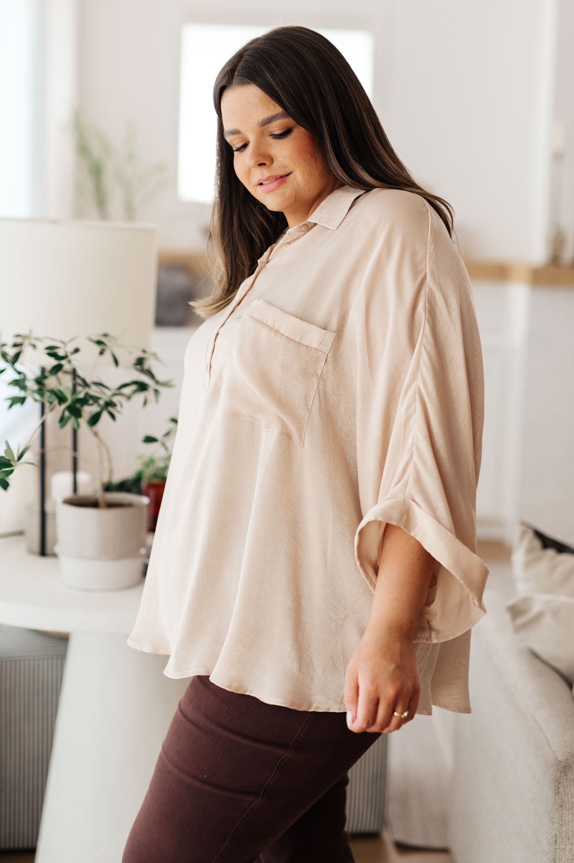 In Your Thoughts Oversized Dolman Sleeve Top in Champagne (SM-3X)