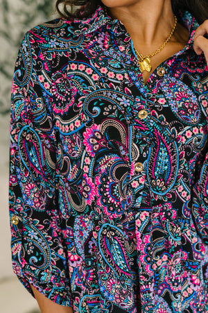 Inspire Collared Dress in Black and Cool Paisley - STB Boutique