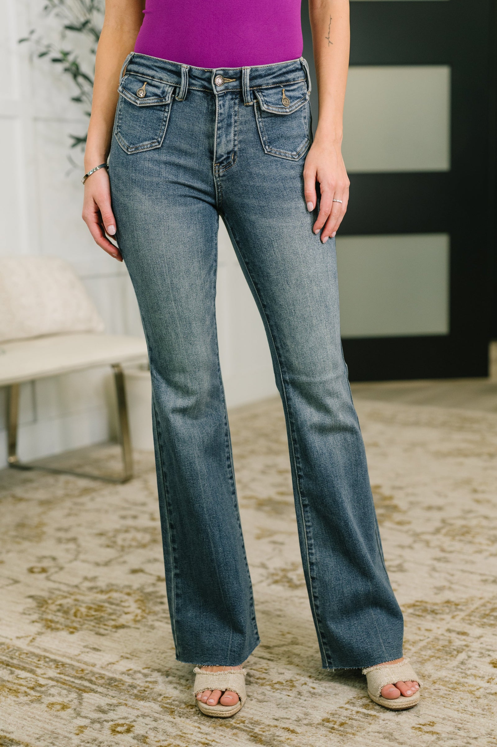 Judy Blue Jackie Mid Rise Flare Jean with Front Flap Pockets (0-24)