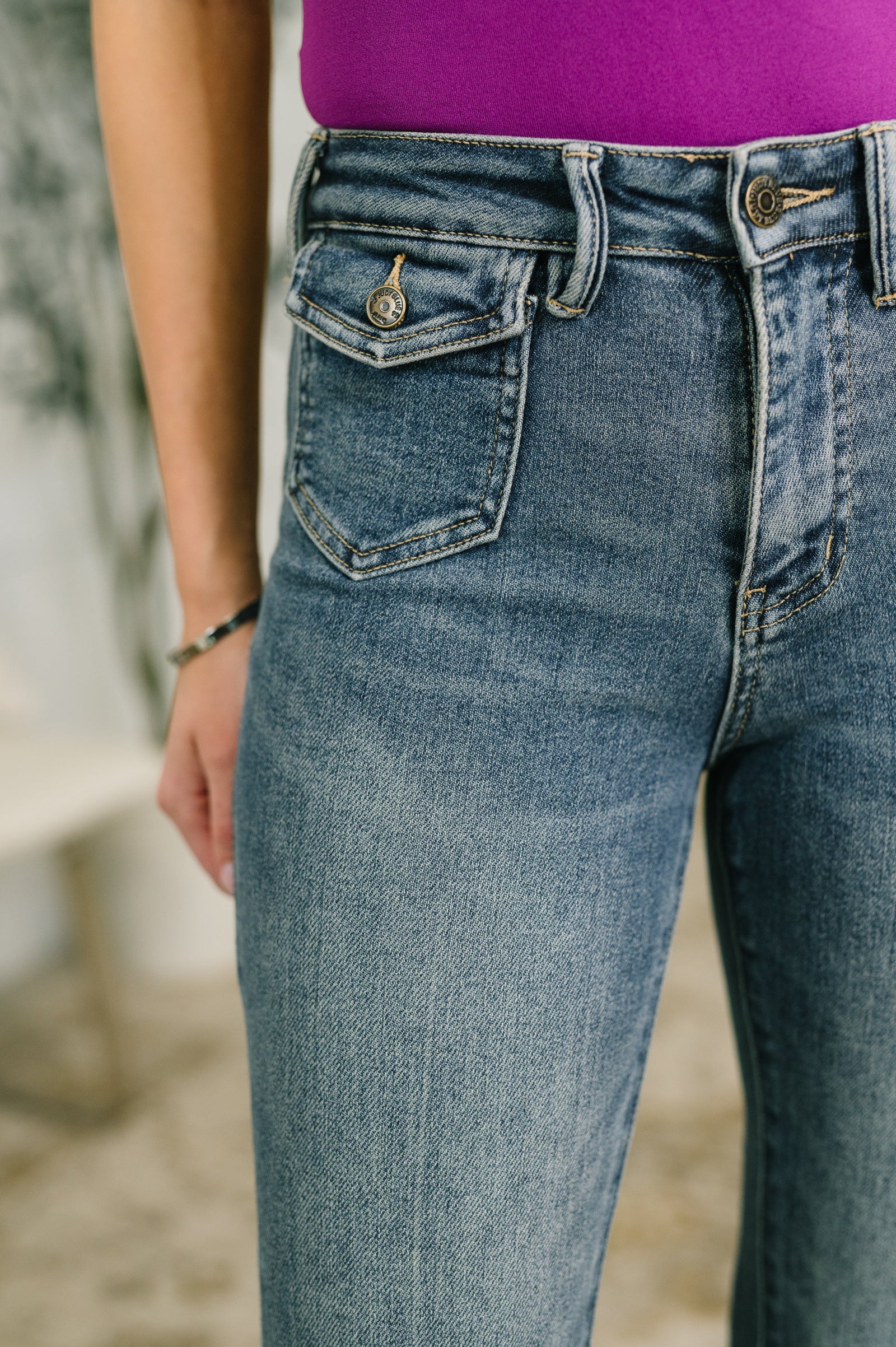 Judy Blue Jackie Mid Rise Flare Jean with Front Flap Pockets (0-24)