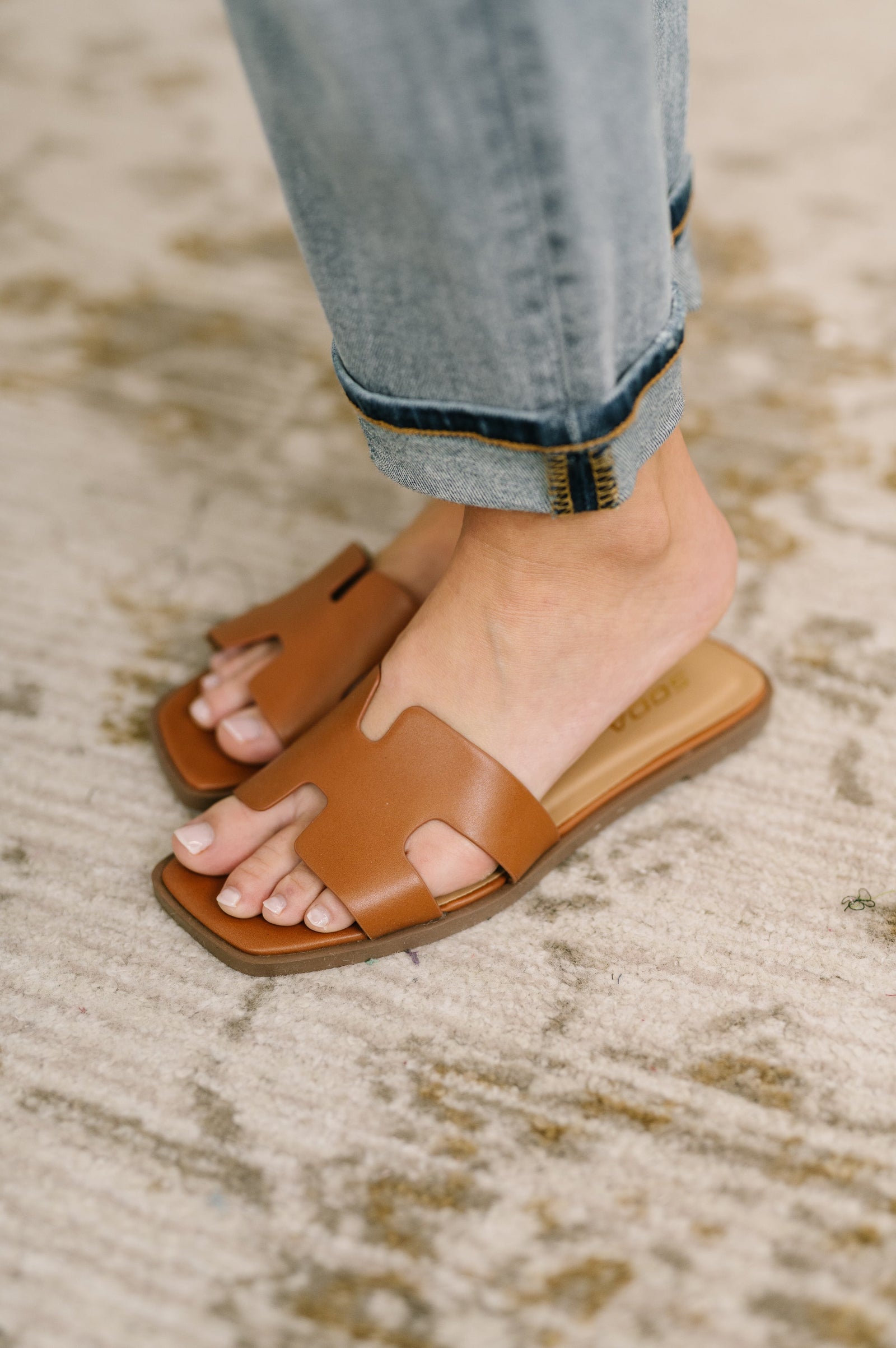 Knit Square Toe Slide on Sandal in Cognac (5.5-10) - STB Boutique