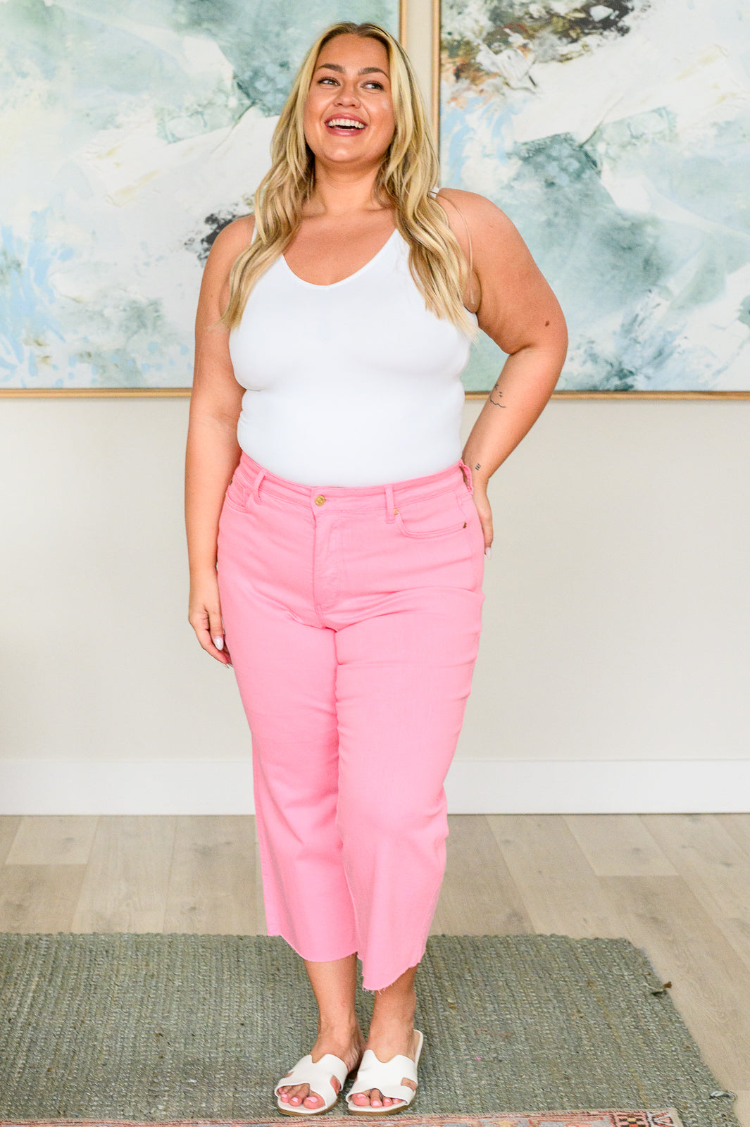 Lisa High Rise Control Top Wide Leg Crop Jeans in Pink - STB Boutique
