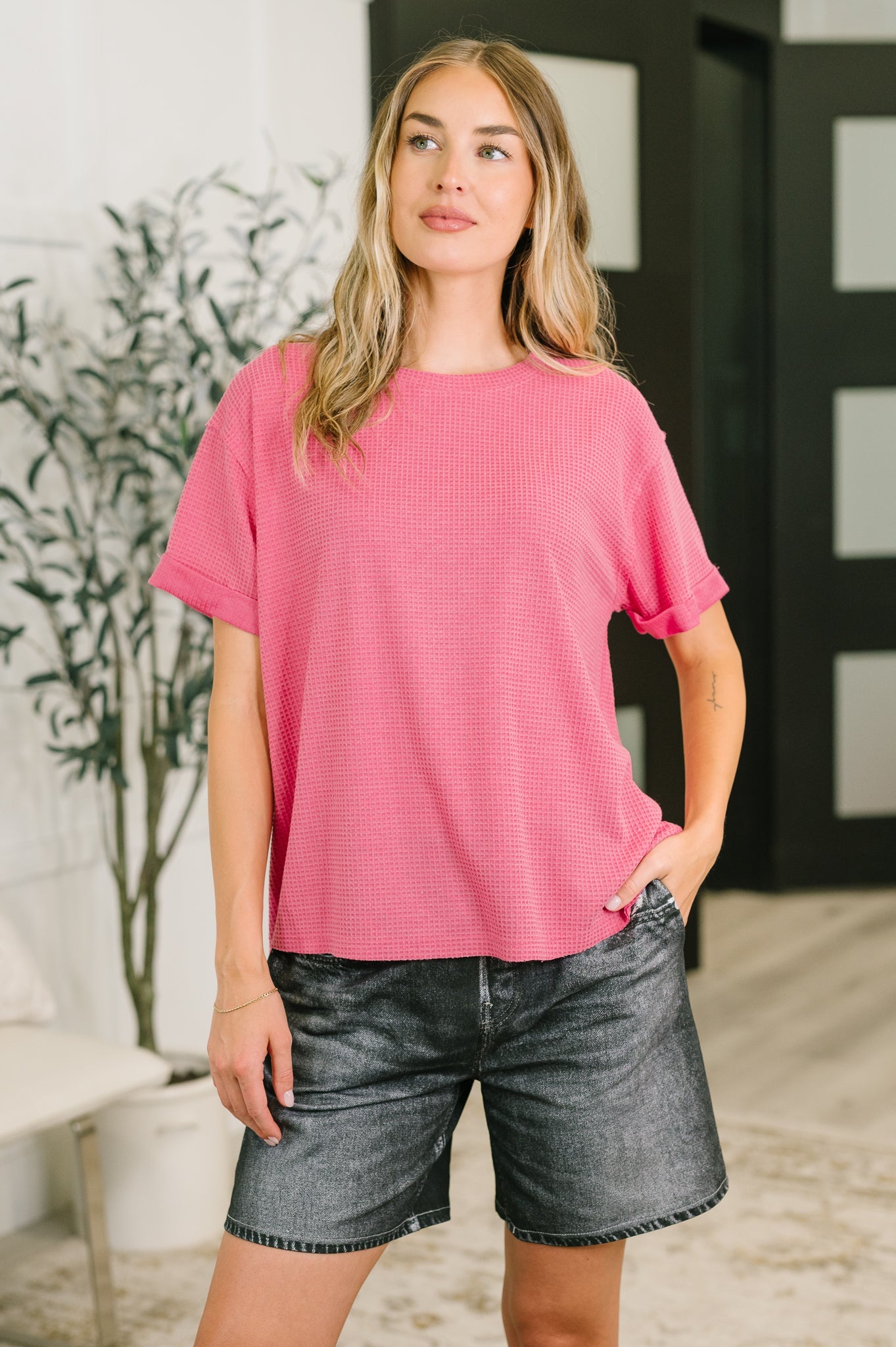 Leave It to Me Waffle Knit Relaxed Tee in Pink (SM-3X)