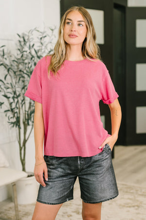 Leave It to Me Waffle Knit Relaxed Tee in Pink (SM-3X)