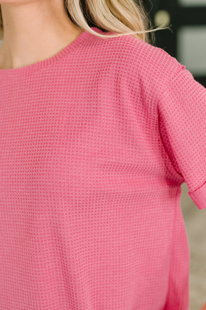 Leave It to Me Waffle Knit Relaxed Tee in Pink (SM-3X)