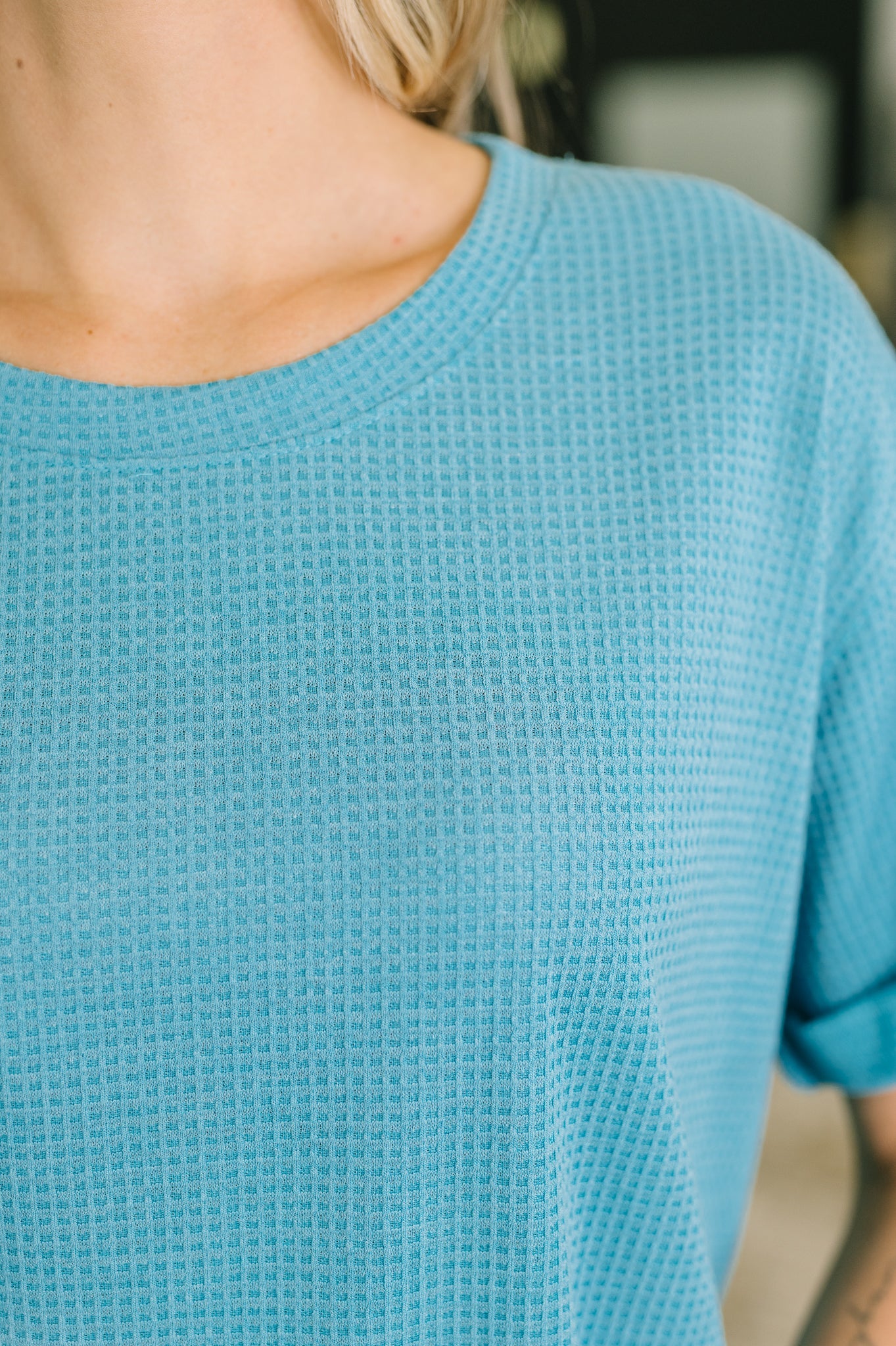 Leave It to Me Waffle Knit Relaxed Tee in Teal (SM-3X)