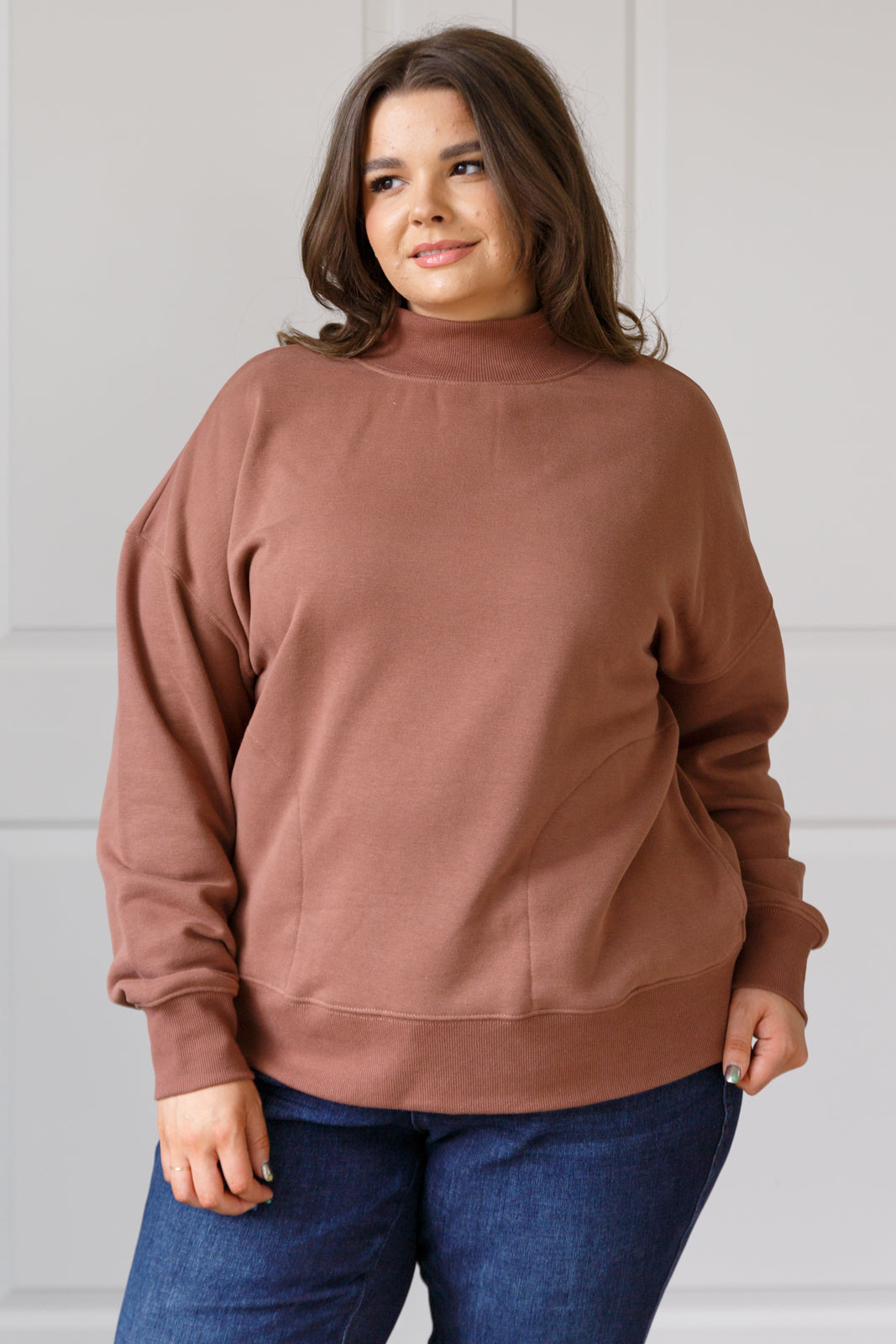 Make No Mistake Mock Neck Pullover in Cocoa (SM-3X) - STB Boutique