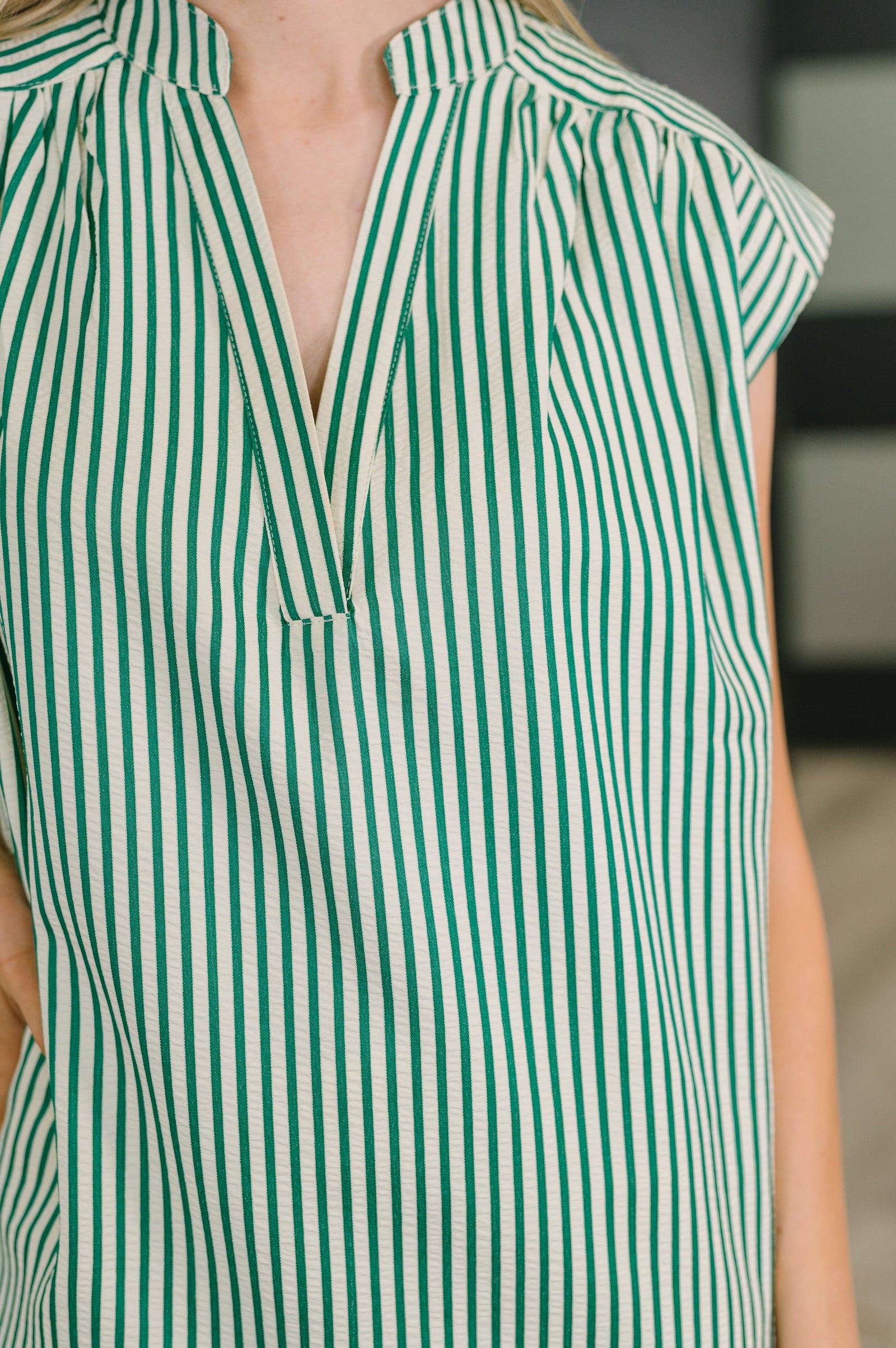 Like a Song Sleeveless V-Neck Blouse in Green (SM-3X) - STB Boutique