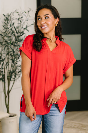 Lizzy Bloom Split Neck Blouse in Red (SM-3X)