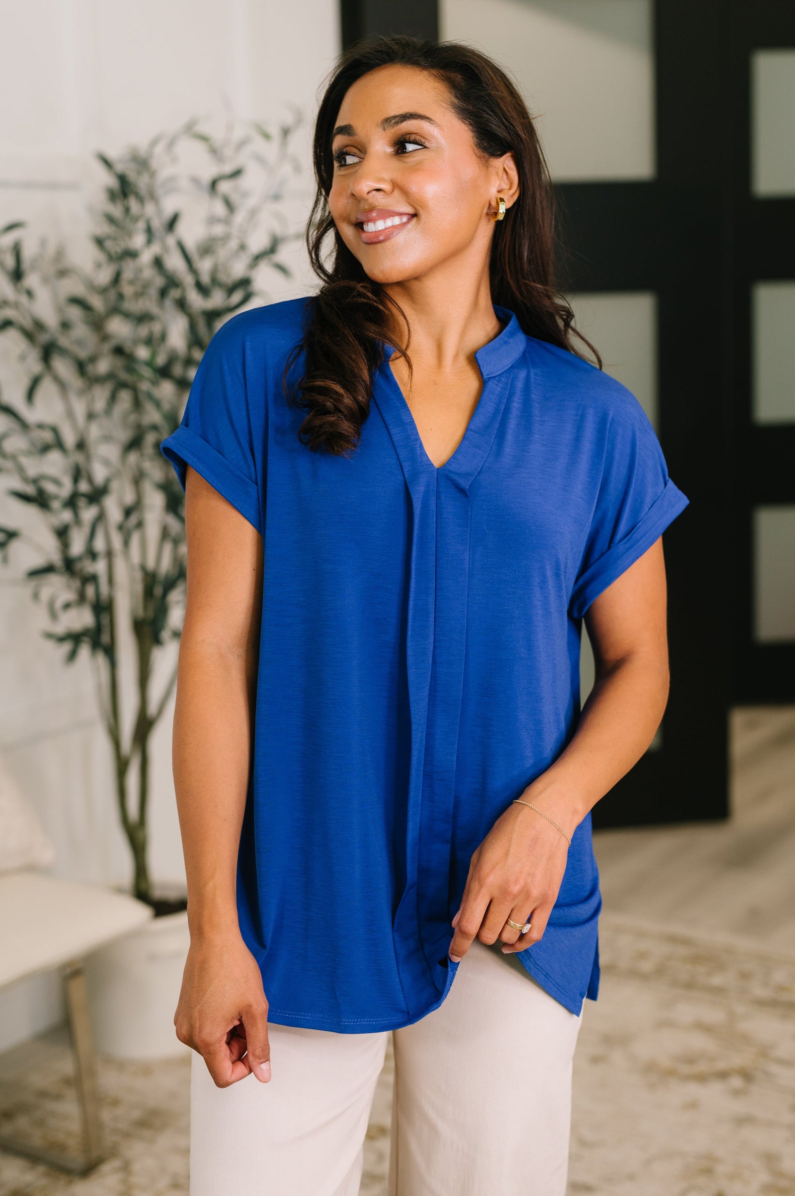 Lizzy Bloom Split Neck Blouse in Royal Blue (SM-3X)