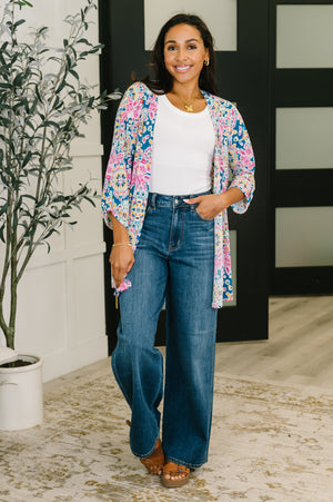 Lizzy Cardigan in Teal and Pink Floral Abstract - STB Boutique