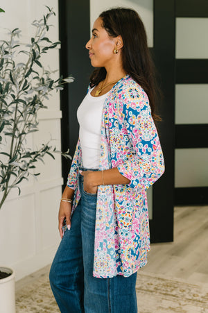 Lizzy Cardigan in Teal and Pink Floral Abstract - STB Boutique